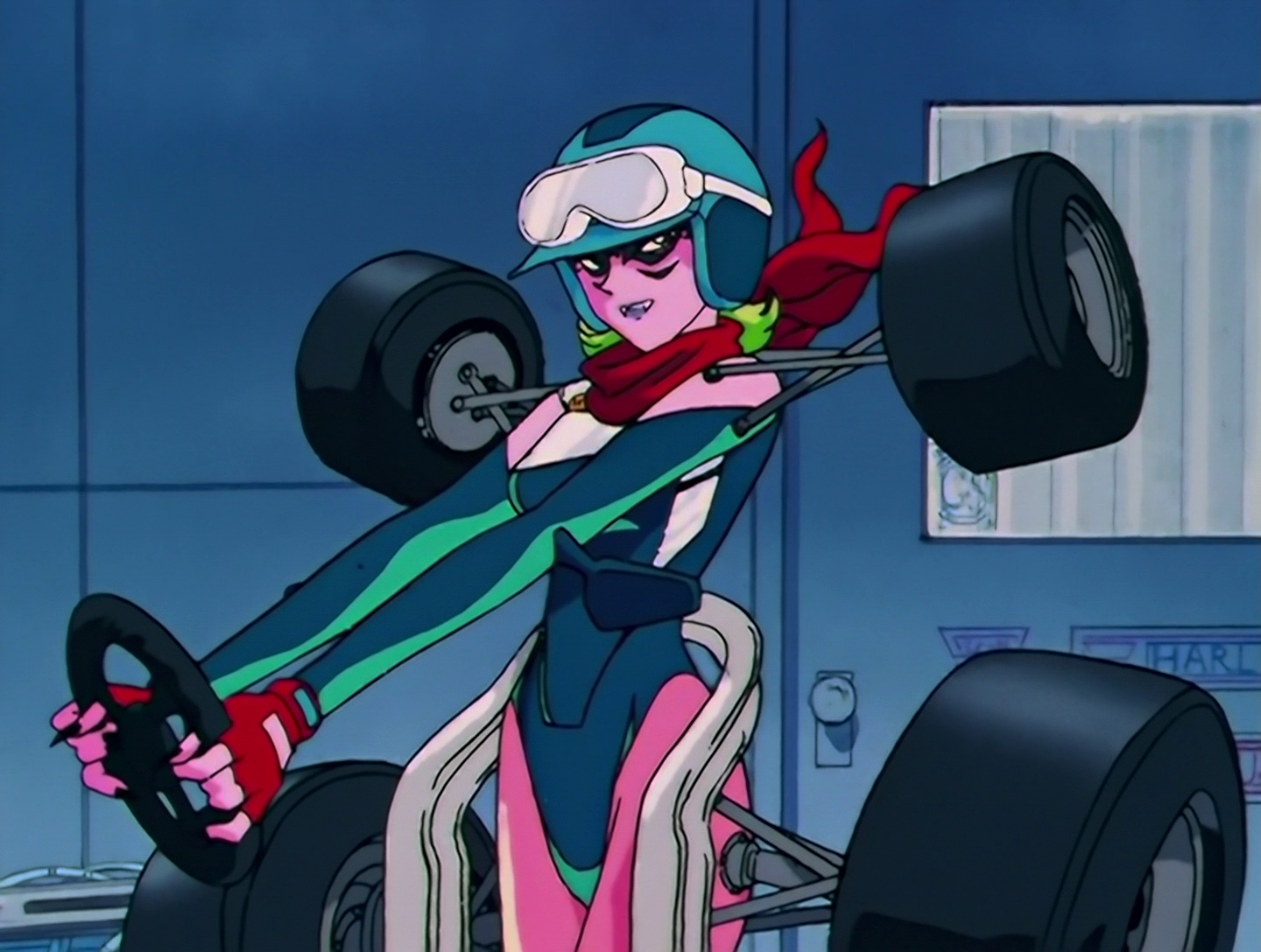 Steering, a Daimon from Sailor Moon episode 92. She has pink skin and green hair, and wears a blue racing outfit with a helmet and a red scarf. She has a glass panel over her chest, wheels and axles connected to her shoulders and hips, with wing mirrors on her elbows and exhaust pipes wrapped around her waist and running parallel to her legs. She’s holding a steering wheel that’s attached to nothing.